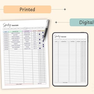 May include: A printed and digital spending tracker with a pen. The printed version is a detailed spreadsheet with columns for date, description, category, amount, cash, and card. The digital version is displayed on a tablet.