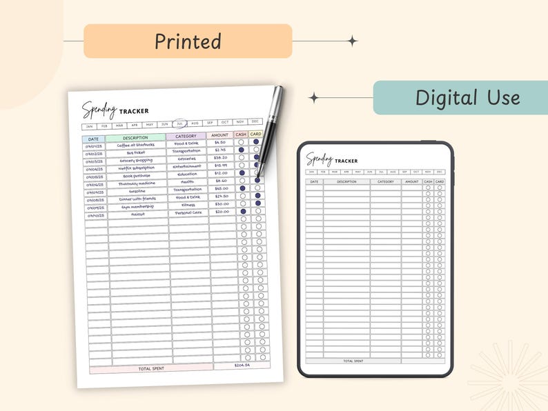 May include: A printed and digital spending tracker with a pen. The printed version is a detailed spreadsheet with columns for date, description, category, amount, cash, and card. The digital version is displayed on a tablet.