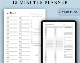 Planificador diario de 15 minutos/Programa de bloques de tiempo, tamaño carta (imprimible, rellenable y editable)