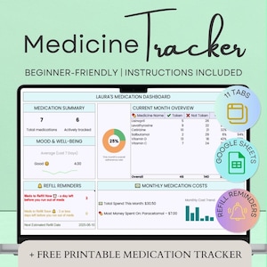 May include: A digital medicine tracker on a laptop screen, featuring a medication dashboard with refill reminders, mood tracking, and a monthly cost analysis. The interface includes a medication summary and a current month overview.