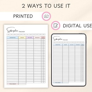 May include: A subscription tracker displayed in two ways: printed on paper and digitally on a tablet. The printed version is a white sheet with a grid for tracking subscriptions, amounts, and due dates. The digital version mirrors the layout on a tablet screen.