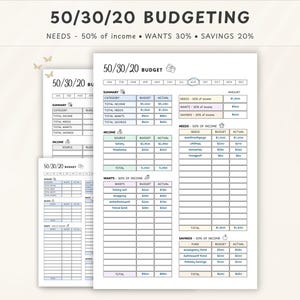 50/30/20 Budget Planner: Monthly Worksheet, Savings Tracker (PDF & Canva Template)