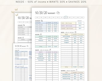 50/30/20 Budget Planner: Monthly Worksheet, Savings Tracker (PDF & Canva Template)