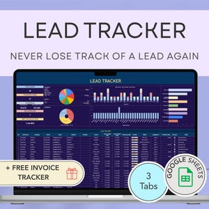 May include: A laptop screen displaying a "LEAD TRACKER" dashboard with charts and data visualizations. The text "NEVER LOSE TRACK OF A LEAD AGAIN" is above the screen. Includes a "+ FREE INVOICE TRACKER" button and a "3 Tabs" button.
