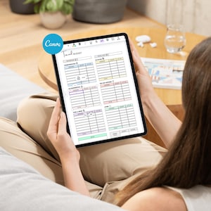 May include: A digital tablet displaying a "Travel Budget" template with various expense categories. The template includes sections for transportation, accommodation, and food. The Canva logo is visible in the upper left corner.