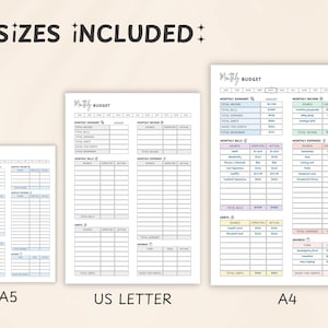 May include: Three printable monthly budget templates in A5, US Letter, and A4 sizes. Each template features sections for income, bills, expenses, debts, and savings. The templates are designed with a clean, organized layout.