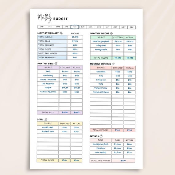 Printable Monthly Budget Planner – Budget Worksheet, Savings & Money Tracker, Bullet Journal Budget Log, Printable Spending Tracker