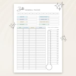 May include: A white printable "Debt Snowball Tracker" sheet with sections for creditors, amounts, and a visual payoff progress thermometer. The title is in a handwritten font.