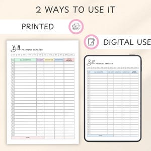 May include: A bill payment tracker displayed in two ways: printed on paper and digitally on a tablet. The printed version is a white sheet with a pink, green, and blue header. The digital version is a black tablet with a similar layout.