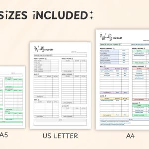 May include: Three sizes of printable weekly budget planners are shown: A5, US Letter, and A4. Each planner features sections for income, expenses, bills, debts, and savings. The design is minimalist with a white background and light green accents.