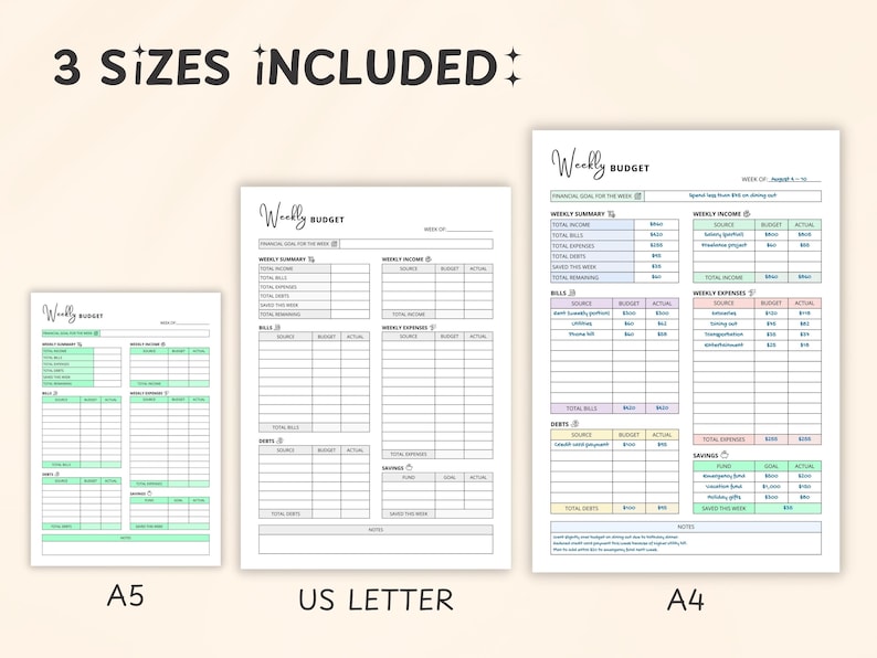 May include: Three sizes of printable weekly budget planners are shown: A5, US Letter, and A4. Each planner features sections for income, expenses, bills, debts, and savings. The design is minimalist with a white background and light green accents.