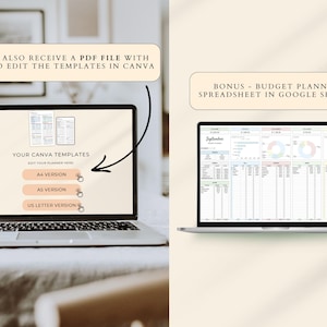 May include: A laptop screen shows a Canva template with A4, A5, and US Letter options. Another screen displays a budget planner spreadsheet in Google Sheets. Text includes "Your Canva Templates" and "Edit your planner here."