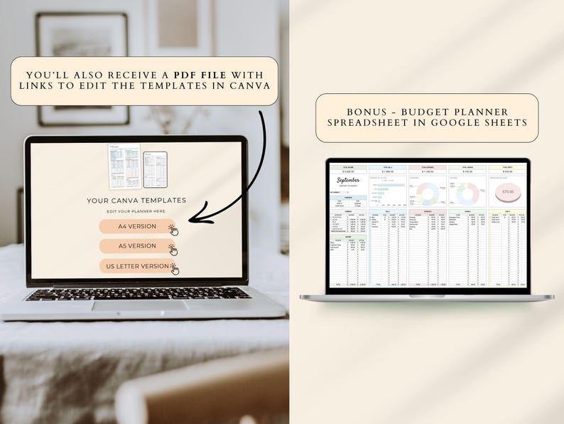 May include: A laptop screen shows a Canva template with A4, A5, and US Letter options. Another screen displays a budget planner spreadsheet in Google Sheets. Text includes "Your Canva Templates" and "Edit your planner here."