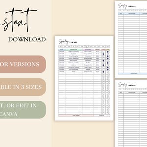 May include: A digital download featuring three spending tracker templates in different color versions and sizes. The design includes a title, date, description, category, amount, cash, and card sections. The text "instant download" is at the top.