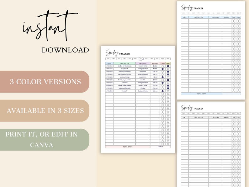 May include: A digital download featuring three spending tracker templates in different color versions and sizes. The design includes a title, date, description, category, amount, cash, and card sections. The text "instant download" is at the top.