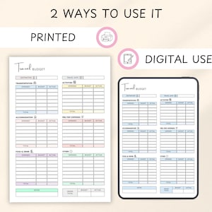 May include: A travel budget planner in two formats: printed and digital. The printed version is a white sheet with sections for expenses, budget, and actual costs. The digital version is displayed on a tablet. The text "Travel Budget" is at the top.
