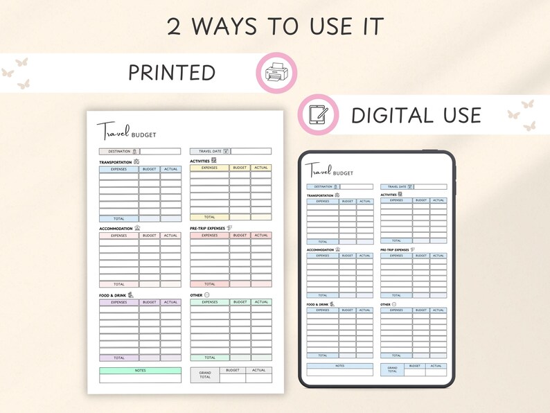 May include: A travel budget planner in two formats: printed and digital. The printed version is a white sheet with sections for expenses, budget, and actual costs. The digital version is displayed on a tablet. The text "Travel Budget" is at the top.