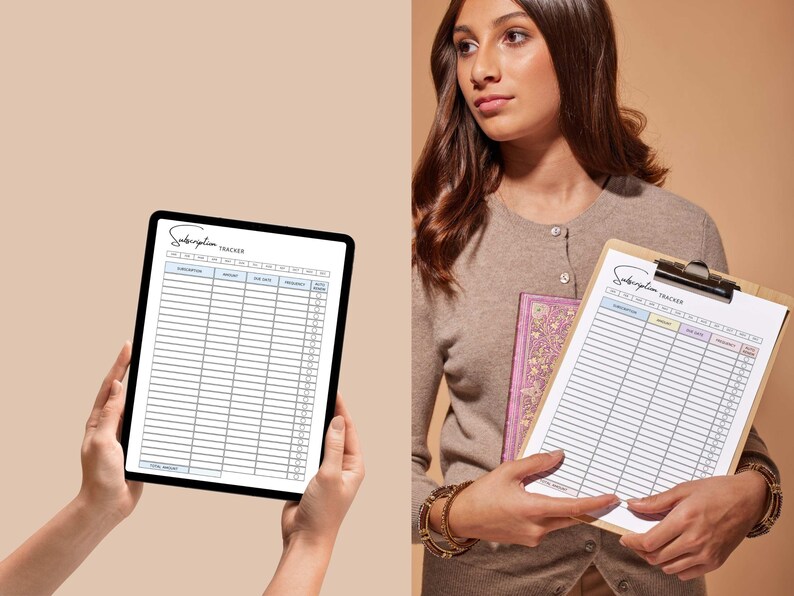 May include: A digital tablet and a clipboard with a subscription tracker template. The tablet displays a digital version of the tracker, while the clipboard holds a printed version. Both have a header that reads "Subscription Tracker". The template includes columns for subscription, amount, due date, and frequency.