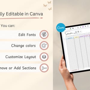 May include: A tablet displays a subscription tracker template, with the Canva logo in the corner. The text reads "Fully Editable in Canva." Options include editing fonts, changing colors, customizing the layout, and adding or removing sections.