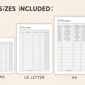May include: Three spending tracker templates in A5, US Letter, and A4 sizes. Each template features a table layout with columns for date, description, category, amount, cash, and card. The A4 template includes example entries.