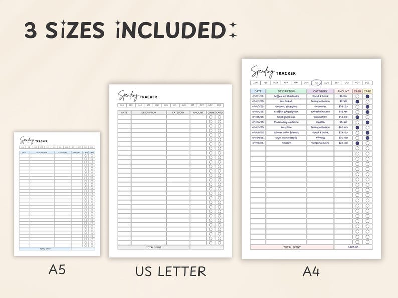 May include: Three spending tracker templates in A5, US Letter, and A4 sizes. Each template features a table layout with columns for date, description, category, amount, cash, and card. The A4 template includes example entries.