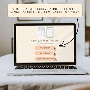 May include: A laptop displays a planner template with options for A4, A5, and US Letter versions. The screen shows the text "YOUR CANVA TEMPLATES" and "YOU'LL ALSO RECEIVE A PDF FILE WITH LINKS TO EDIT THE TEMPLATES IN CANVA."