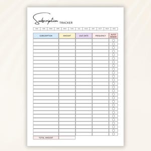 May include: A white subscription tracker sheet with a handwritten "Subscription" title. The sheet includes columns for subscription details, amount, due date, frequency, and auto-renew. Months of the year are listed across the top.