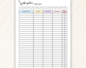 Printable Subscription Tracker: Recurring Payments, Bills, Canva Template (PDF Download A4/A5/US Letter)