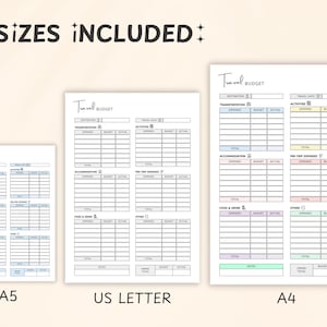 May include: Three travel budget templates in A5, US Letter, and A4 sizes. Each template features sections for expenses, budget, and actual costs, with categories for transportation, accommodation, and activities. The text "Travel Budget" is at the top.