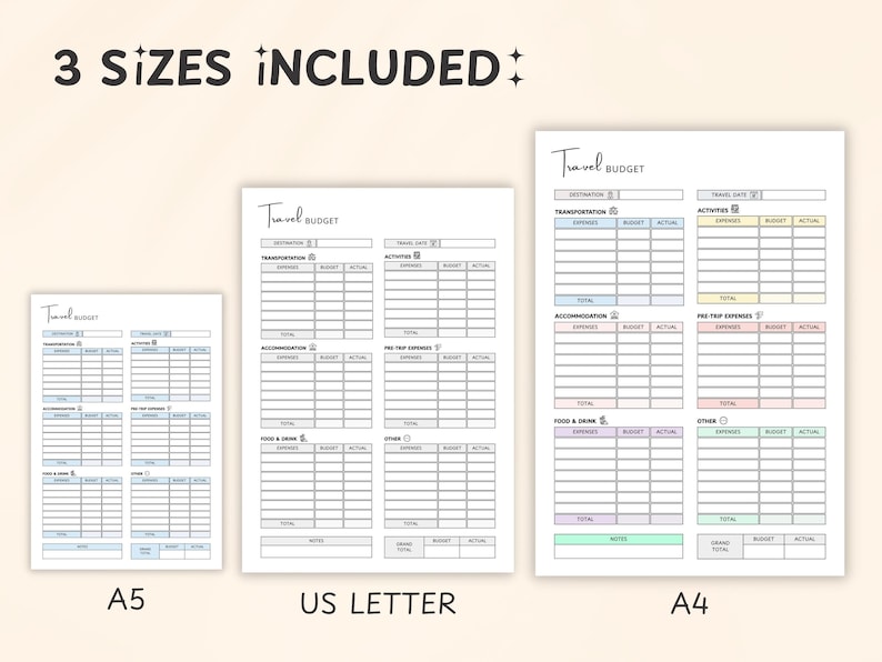 May include: Three travel budget templates in A5, US Letter, and A4 sizes. Each template features sections for expenses, budget, and actual costs, with categories for transportation, accommodation, and activities. The text "Travel Budget" is at the top.