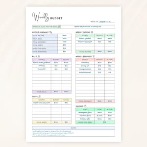May include: A weekly budget planner with a handwritten "Weekly Budget" title. The planner includes sections for income, bills, expenses, debts, and savings. The week of August 4-10 is specified, with a financial goal to spend less than $15 on dining out.