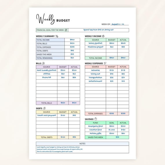 Printable Weekly Budget Planner – Weekly Budget Worksheet, Savings & Expense Tracker, Bullet Journal Budget Log, Printable Finance Tracker
