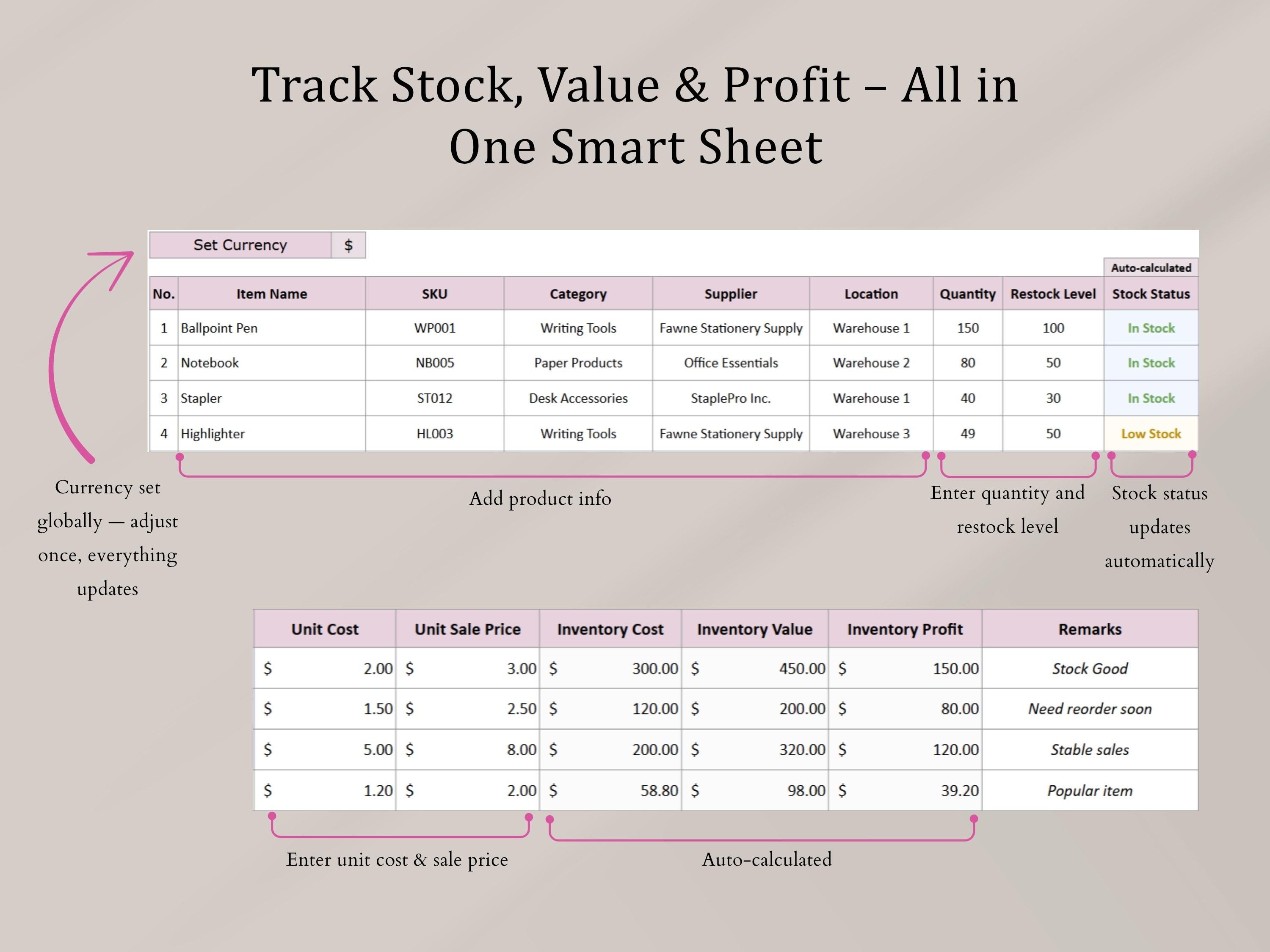 Simple Inventory Tracker Spreadsheet | Google Sheets Template - Stock ...