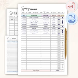 May include: A spending tracker printable with a gold pen. The tracker includes sections for date, description, category, amount, cash, and card. The text "Spending Tracker" is at the top. The PDF and Canva icons are in the upper right corner.