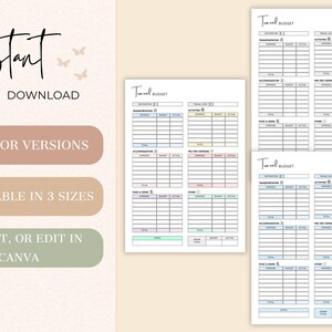May include: A digital download featuring travel budget templates. The image shows several sheets with sections for expenses, budget, and actual costs. Text includes "Instant Download," "3 Color Versions," and "Available in 3 Sizes."
