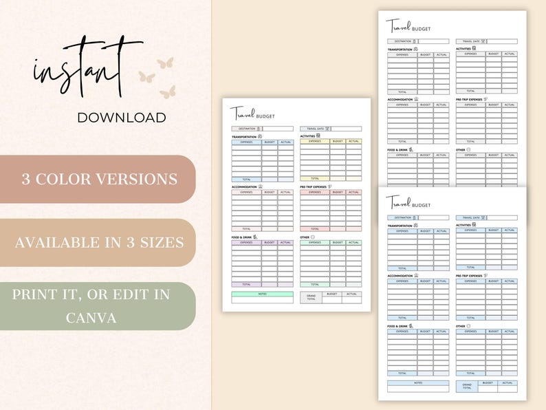 May include: A digital download featuring travel budget templates. The image shows several sheets with sections for expenses, budget, and actual costs. Text includes "Instant Download," "3 Color Versions," and "Available in 3 Sizes."