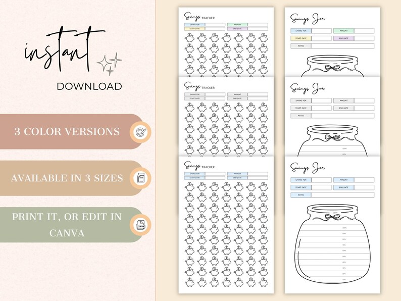 Savings Challenge & Savings Tracker Printable – Piggy Bank and Savings ...