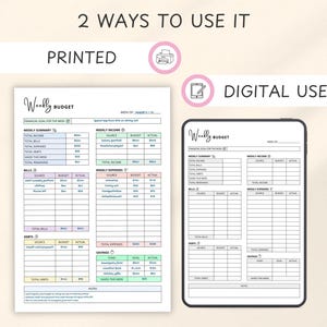 May include: A printable weekly budget planner with sections for income, expenses, and savings. The image shows a printed version and a digital version on a tablet. The planner includes space for financial goals and weekly summaries. The text "2 Ways to Use It" is at the top.