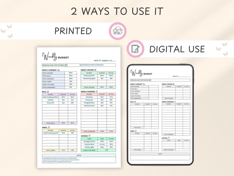 May include: A printable weekly budget planner with sections for income, expenses, and savings. The image shows a printed version and a digital version on a tablet. The planner includes space for financial goals and weekly summaries. The text "2 Ways to Use It" is at the top.