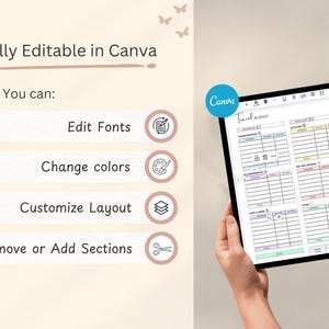 May include: A digital tablet displaying a travel budget template, with sections for expenses and income. The template is fully editable in Canva, allowing users to edit fonts, change colors, customize the layout, and add or remove sections. The image also includes the Canva logo.