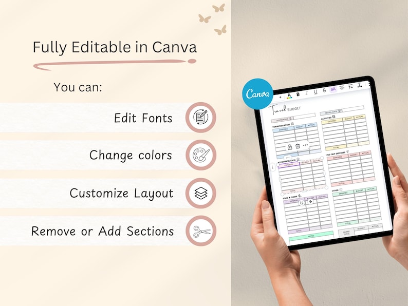 May include: A digital tablet displaying a travel budget template, with sections for expenses and income. The template is fully editable in Canva, allowing users to edit fonts, change colors, customize the layout, and add or remove sections. The image also includes the Canva logo.
