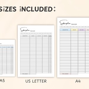 May include: Three white subscription tracker templates in A5, US Letter, and A4 sizes. Each template features a header with the text "Subscription Tracker" and columns for tracking subscriptions, amounts, due dates, and auto-renewal status.
