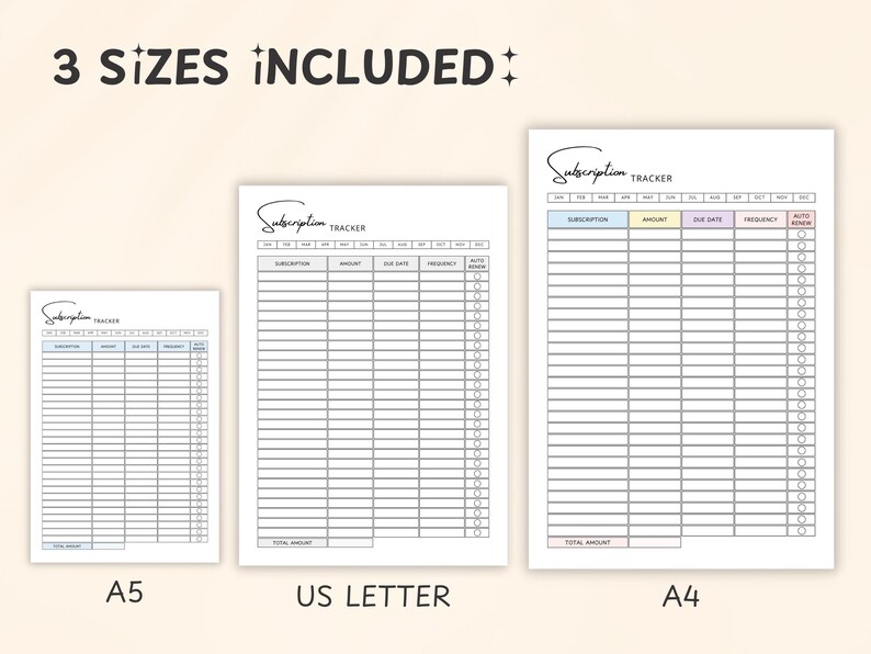May include: Three white subscription tracker templates in A5, US Letter, and A4 sizes. Each template features a header with the text "Subscription Tracker" and columns for tracking subscriptions, amounts, due dates, and auto-renewal status.