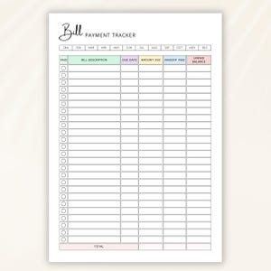 Puede incluir: Un rastreador de pago de facturas blanco con un título manuscrito "Bill". El rastreador incluye columnas para la descripción de la factura, la fecha de vencimiento, el importe adeudado, el importe pagado y el saldo impagado. Los meses del año se enumeran en la parte superior.