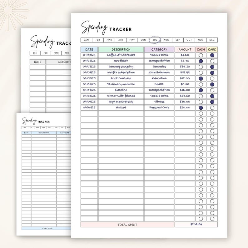 May include: Three spending tracker sheets with the title "Spending Tracker" at the top. The main sheet is open to the month of July, with entries for expenses like coffee, groceries, and a gym membership. The sheets are white with pastel color accents.