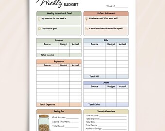 Druckbarer Wochenbudgetplaner - Budget Arbeitsblatt Vorlage, Ersparnisse & Ausgaben Tracker, Haushaltsplaner PDF