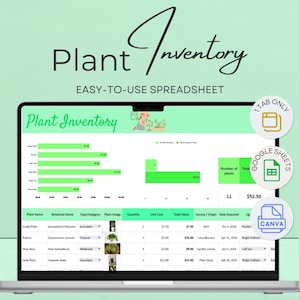 May include: A laptop screen displays a "Plant Inventory" spreadsheet. The spreadsheet is green and white, listing plant names, botanical names, and other details. The image includes the text "EASY-TO-USE SPREADSHEET" and icons for Google Sheets and Canva.
