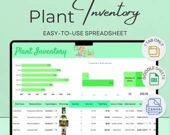Suivi de l'inventaire des plantes | Agenda de jardin modifiable (Google Sheets et Canva)