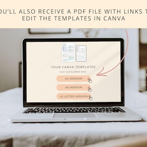 May include: A laptop displays a digital planner template with options for A4, A5, and US Letter versions. The screen shows the text "YOUR CANVA TEMPLATES" and "EDIT YOUR PLANNER HERE". The image also includes the text "YOU'LL ALSO RECEIVE A PDF FILE WITH LINKS TO EDIT THE TEMPLATES IN CANVA".