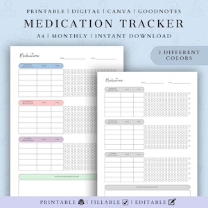 May include: Two printable medication tracker sheets with the text "MEDICATION TRACKER" and "A4 | MONTHLY | INSTANT DOWNLOAD". The sheets have sections for morning, afternoon, and evening medications, with space for dose and time. The text "2 DIFFERENT COLORS" is also visible.